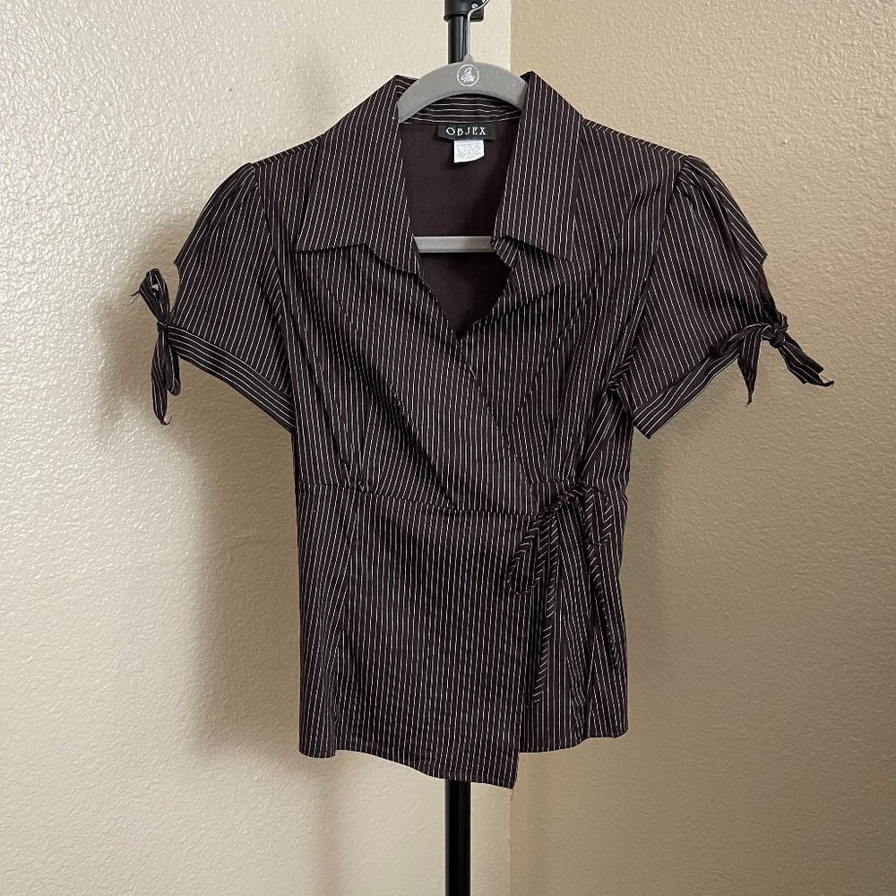 OBJEX Brown Pinstriped Wrap Around Blouse large Wi